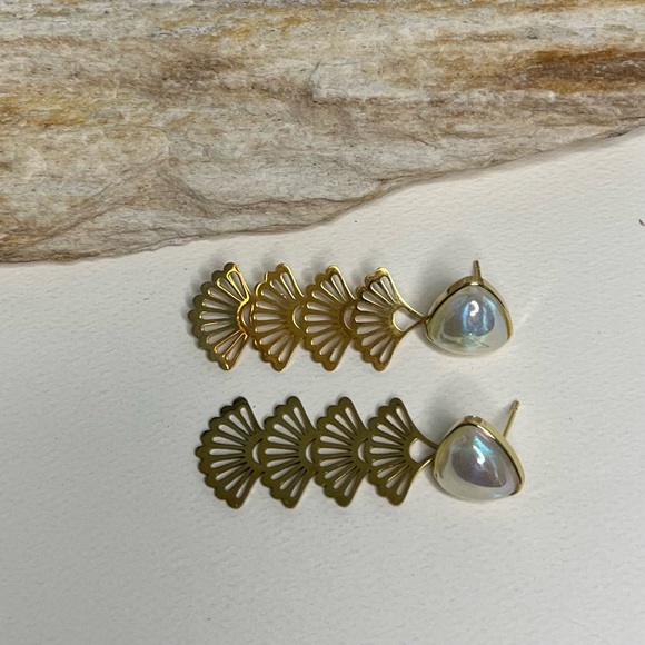 Art Nouveau Flower & Pearl Drop Earrings - Elegant Floral Gold Earrings - Picture 1 of 9